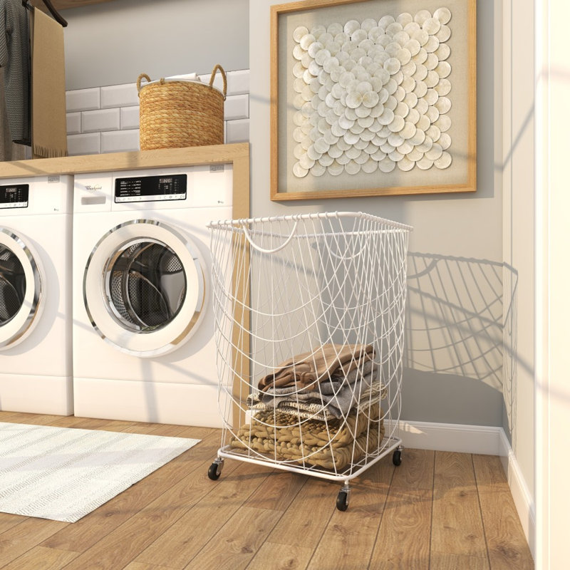 Metal Deep Set Metal Mesh Laundry Basket Storage Cart with Wheels and Handles, White, Medium ( 24" H x 16.85" W x 16.55" D)