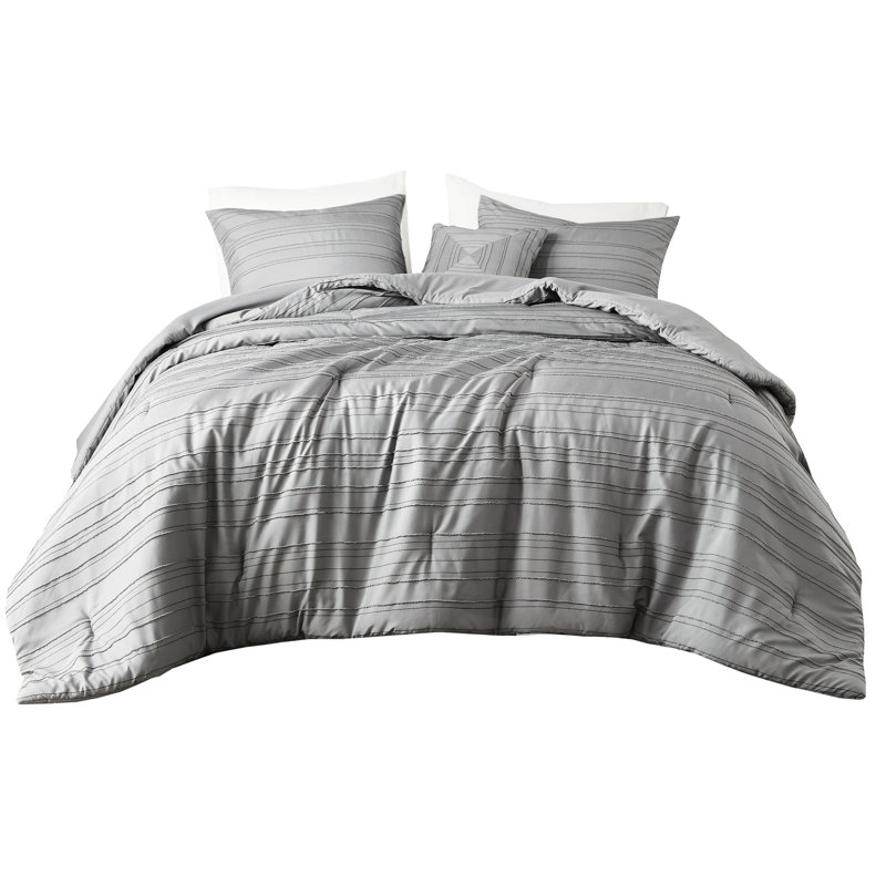 4 pièces d'édredon pour lit double / grand lit gris, avec pince, coffre-fort, lavable en machine, avec coussin décoratif et rayures tissées, preuve