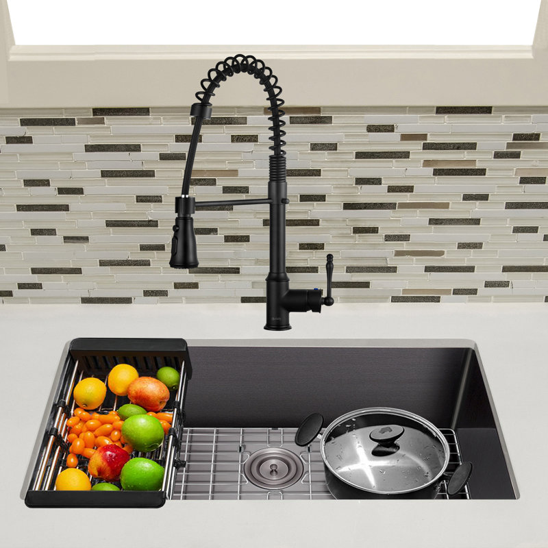 Undermount 32-in x 19-in Gunmetal Matte Black Stainless Steel Single Bowl Kitchen Sink with Faucet, Commercial Coil Faucet
