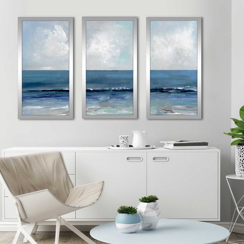 «Blue Seas» par Sally Swatland - peinture à cadre unique de 3 pièces, H 25,5 po x l 40,5 po x P 1 po