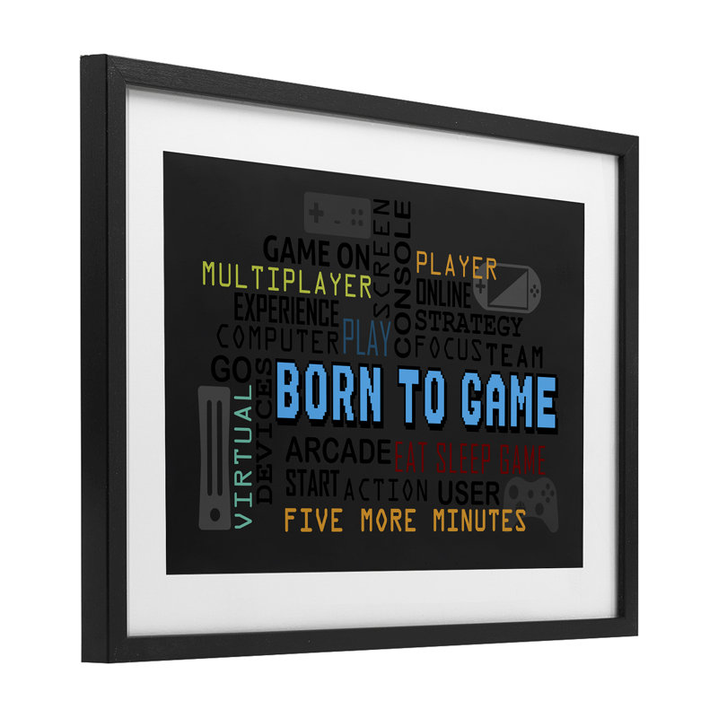 «Born To Game Arcade», reproduction encadrée sous verre, conception de Kim Allen, H 14 po x l 20 po, Cadre noir minuit