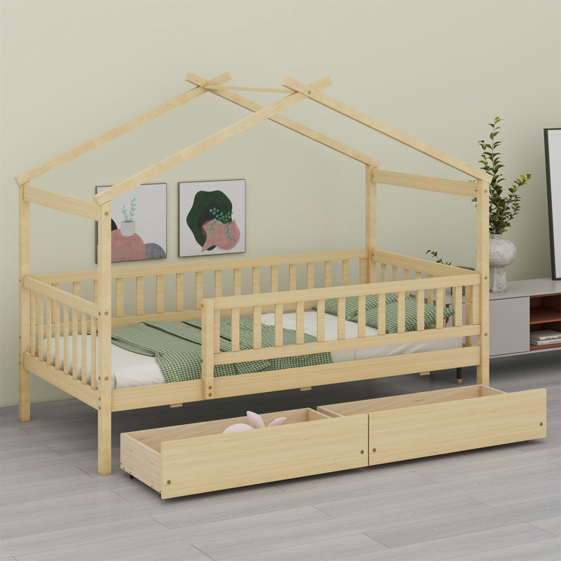 Lit en bois avec deux tiroirs, Naturel