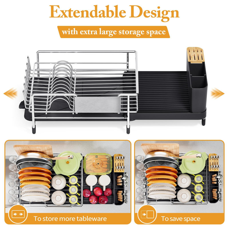 Expandable Stainless Steel Dish Rack with Utensil Cup and Drainboard