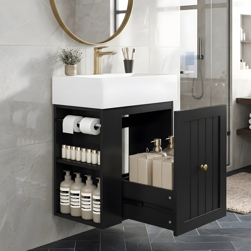 Meuble-lavabo mural 20 po avec lavabo, tablettes ouvertes et tiroirs, Noir