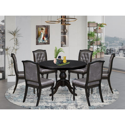 7-Pc Kitchen Table and 6 Polyester Chairs with Button Tufted Back, Sand Blasting Black
