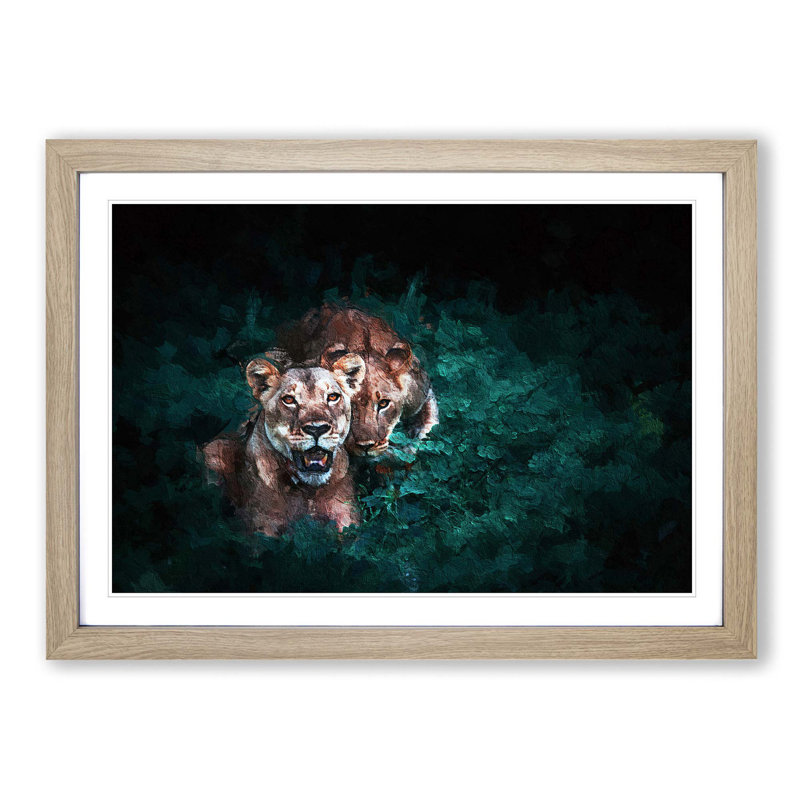 Two Lions in the Shadows - Picture Frame Painting Print on MDF, Oak Framed, 36cm H x 48cm W x 2cm D