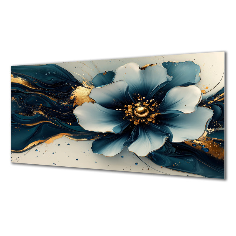Impression dorée «Golden Arrangement» en velours bleu marguerites II - marguerites, H 28 po x l 60 po
