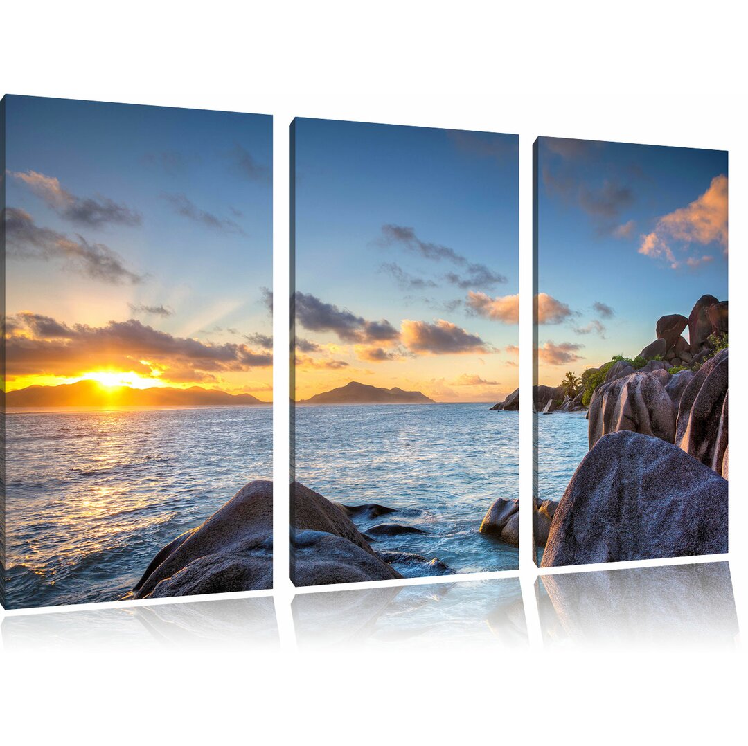 3-tlg. Leinwandbild-Set „Sonnenuntergang Seychellen“, Fotodruck