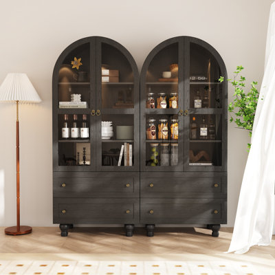 71'' Kitchen Pantry Storage Cabinet With Bookcases, Glass Display Doors and 4 Drawers(Set Of 2)