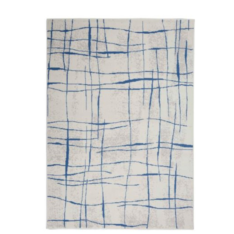 Ivory And Blue Irregular Grids Area Rug, Rectangle 6' x 9'