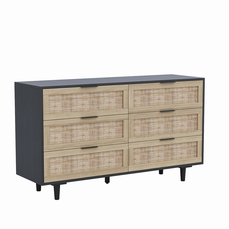 Aimara 51" Rattan 6 Drawer Dresser for Bedroom, Boho Wood Dresser with Gold Handles & Wood Legs