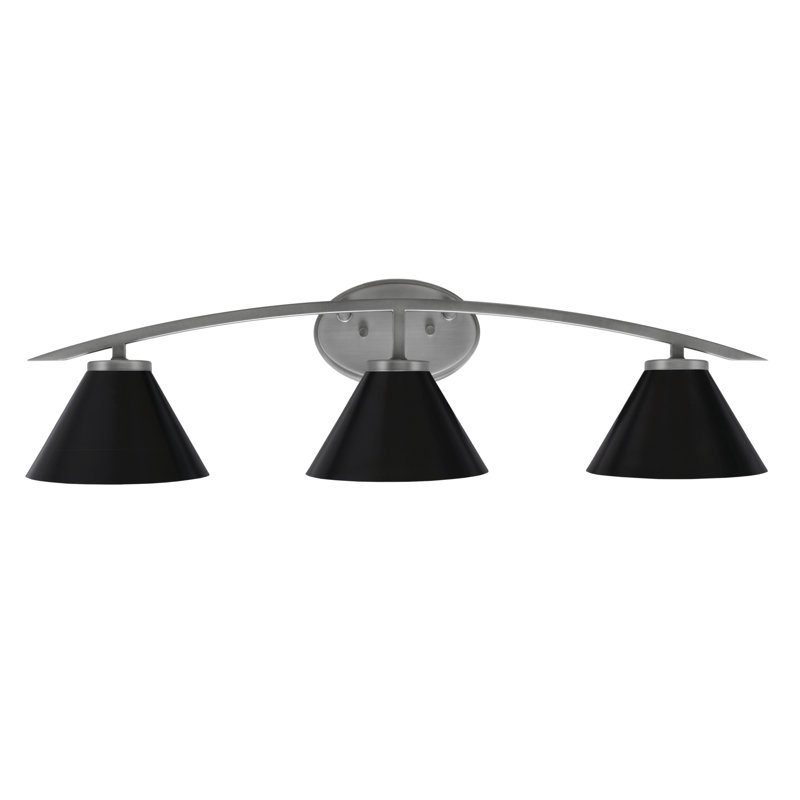 Barre d'éclairage de salle de bain 3 lumières avec abat-jour conique en métal 7 po Kurve, Argent argent, Noir