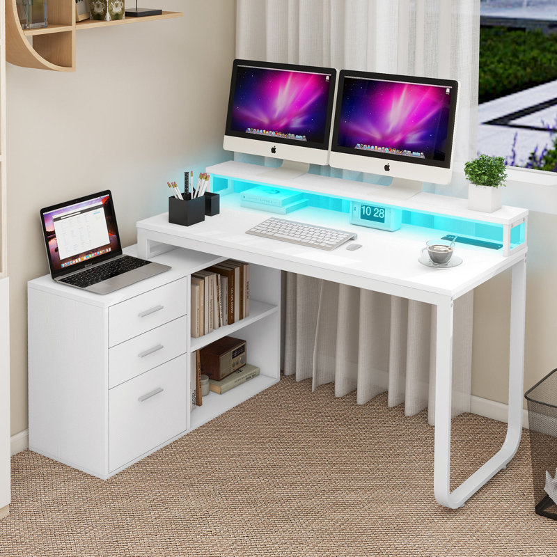 55'' L-Shape Computer Desk With LED Lights, Power Outlets & Drawer Shelves, White