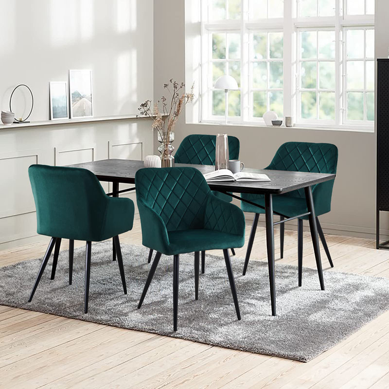 2 X Dining Chairs, Velvet Upholstered Seat Kitchen Chairs With Armrests, Black, Green