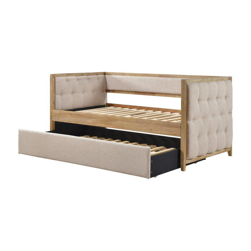 Modern Transitional Daybed With Pull-Out Trundle, Beige Boucle Upholstery & Natural Wood Finish
