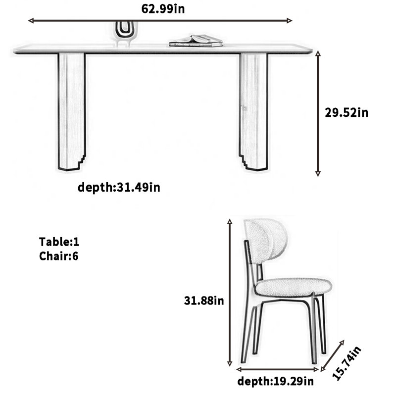 French retro table and chair combination, 29.52"H x 62.99"L x 31.49"W
