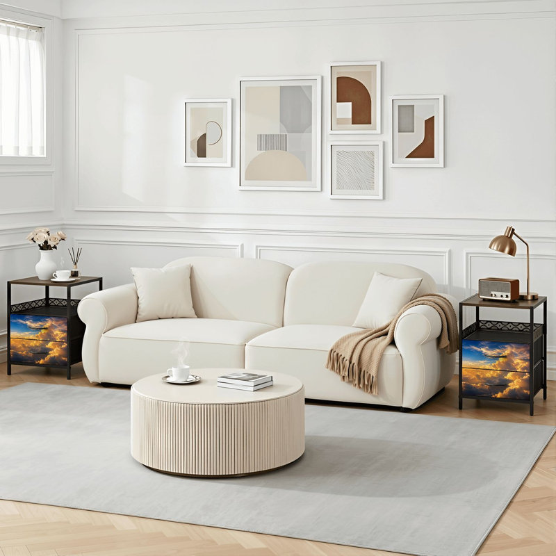 Table de chevet 2 tiroirs avec station de charge, table de chevet avec ports USB et amp; Outlets, tablette ouverte noire, table de chevet avec imprimé coucher de soleil bleu doré