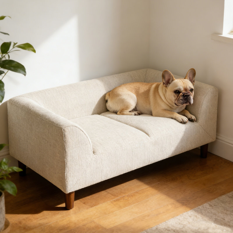 Canapé surélevé pour chien avec dossier et accoudoirs - Lit moderne pour animaux de compagnie pour chiens de taille moyenne, coussin moelleux, pieds robustes en bois massif, capacité de poids de 60 lb, fabrication en tissu de première qualité et mousse