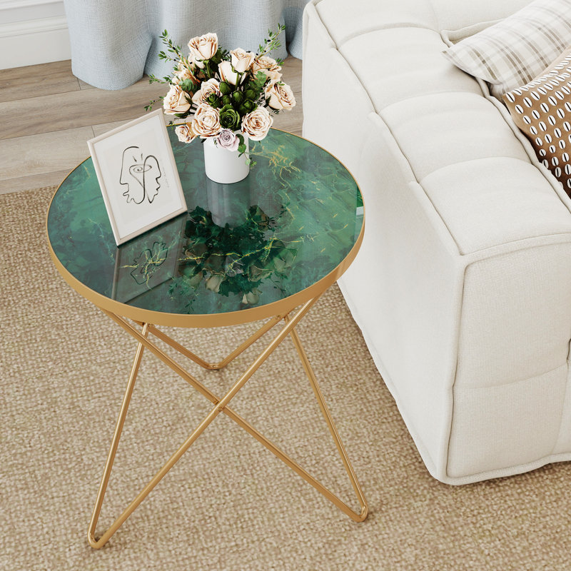 Modern Faux Marble Top Round End Table For Living Room, Bedroom, or Office, Green