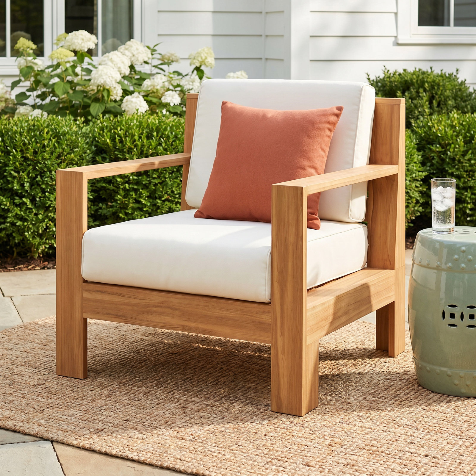 Chaney Teak Patio Chair with Sunbrella Cushions, Canvas Vellum Sunbrella® Canvas