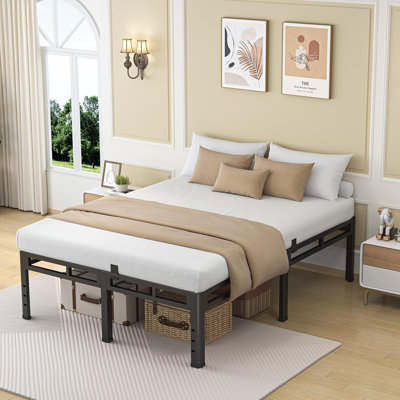 Structure de lit et sommier tapissier en métal robuste 2 en 1, pieds de coin ronds, capacité de poids élevée, butée coulissante pour matelas, compatible avec la tête de lit, silencieux, assemblage facile
