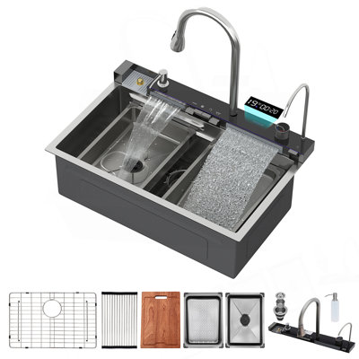 Évier de cuisine en acier inoxydable de 30 pouces avec robinet à DEL intelligent, modes de jet multifonctionnels et rebord de poste de travail intégré.