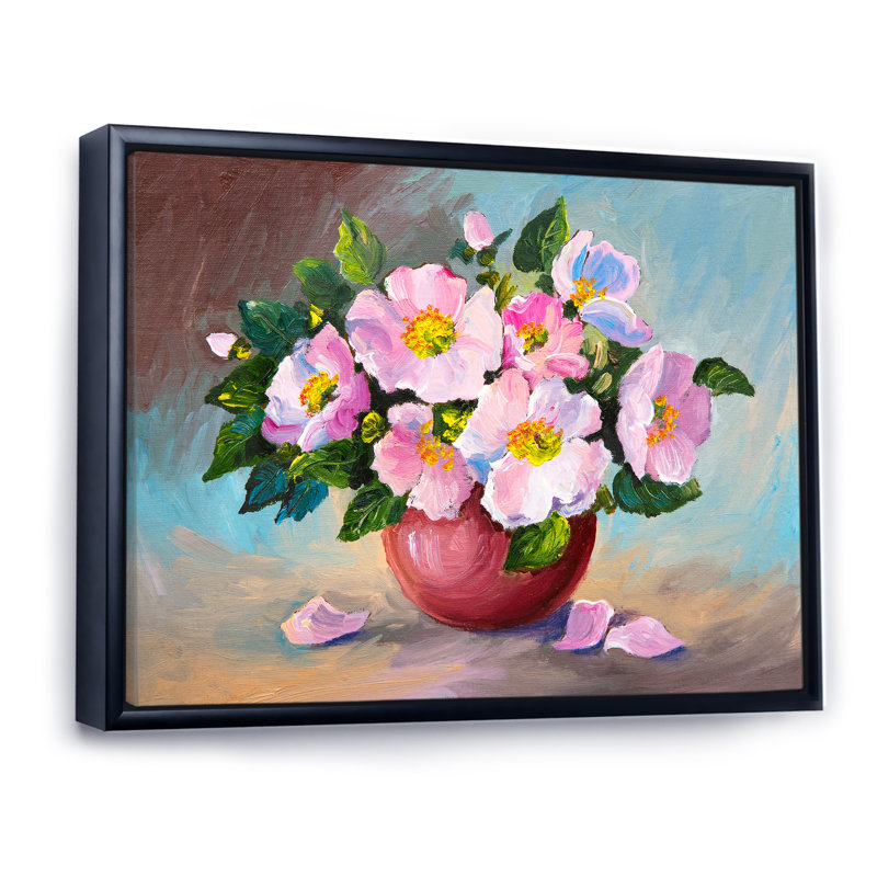 «Still Life Spring Pink Flowers In Vase», reproduction sur toile avec cadre flottant, 16" H x 32" W x 1" D