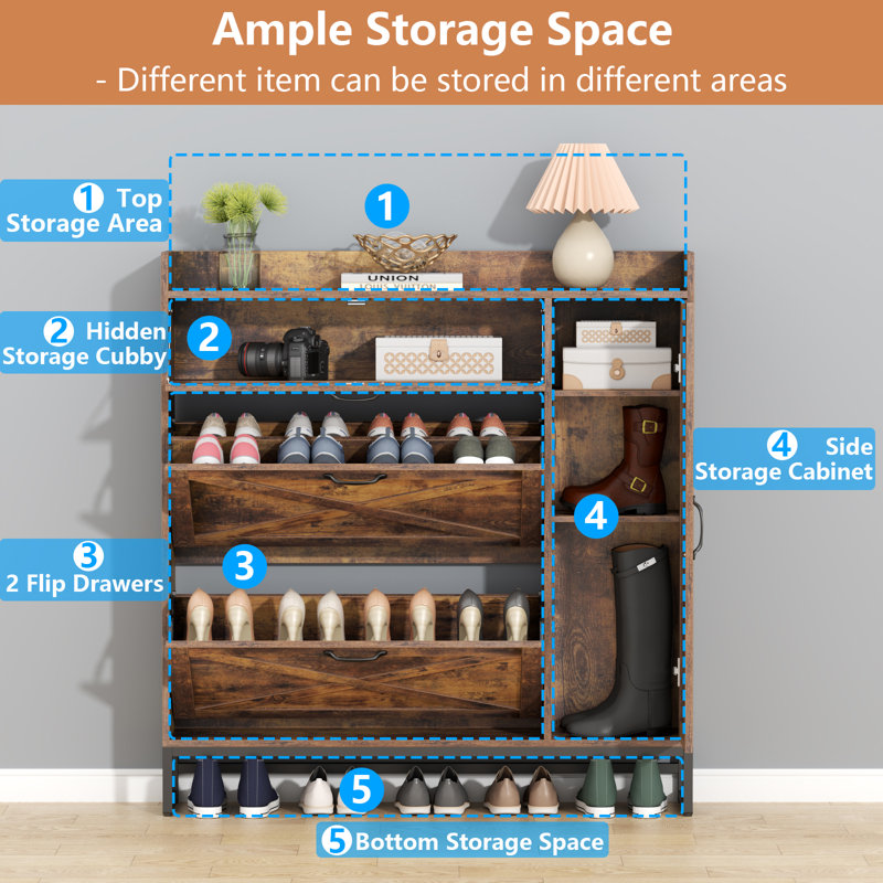 Shoe Storage Cabinet with 2 Flip Drawers, Shoe Organizer Rack with Adjustable Side Cabinet, Rustic Brown/Black
