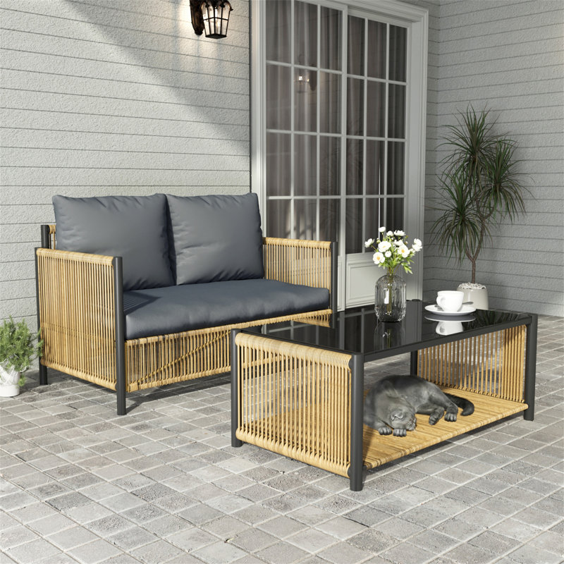 Ensemble de canapé en osier 2 places avec coussin et table New Comming