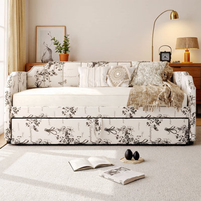 Twin Size Upholstered Daybed with Pop-Up Trundle  USB Charging Ports, 2-in-1 Space-Saving Design with Linen Finish, for Guest Room, Bedroom, Apartmen