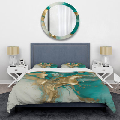 Ensemble de housse de couette en microfibre / polyester Gold and Turquoise Marble Fuild Ink II Bedding