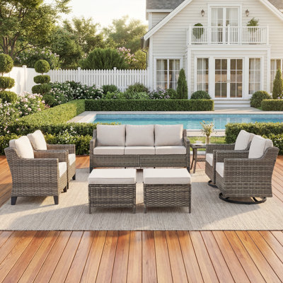 Arlene 7-9 Person Outdoor Courtyard Wicker Family Conversation Set Group With Ottomans