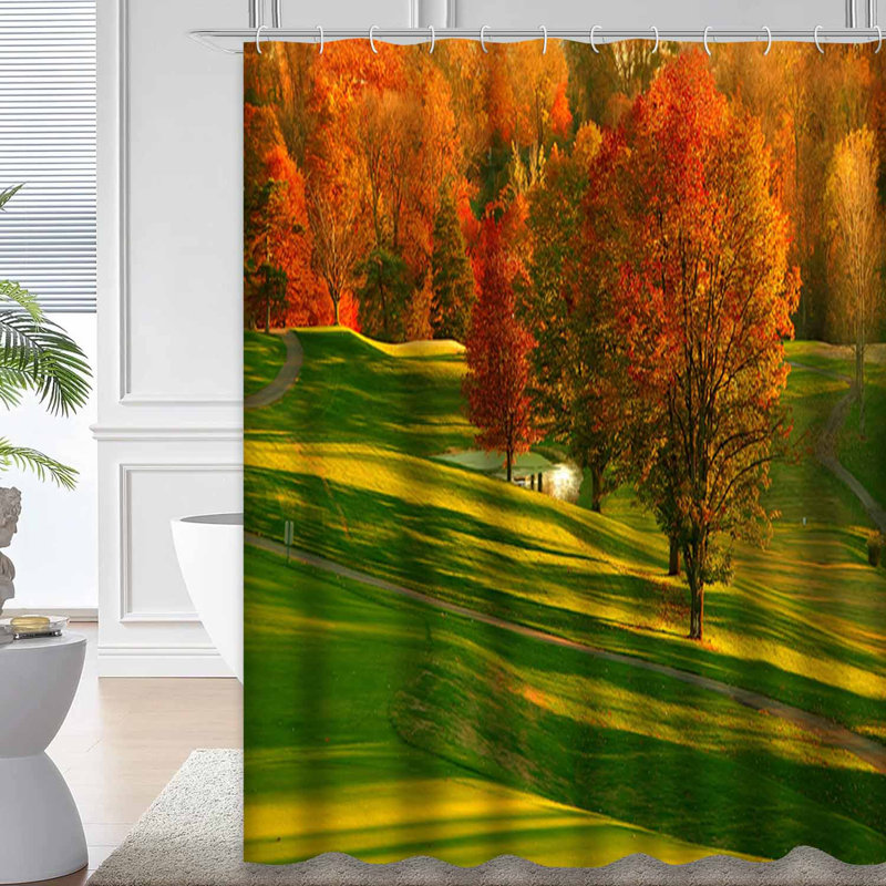 Rideau de douche Â« Golf Course Sunset Red Gold Trees Â» avec 12 crochets, L 72 po x l 78 po