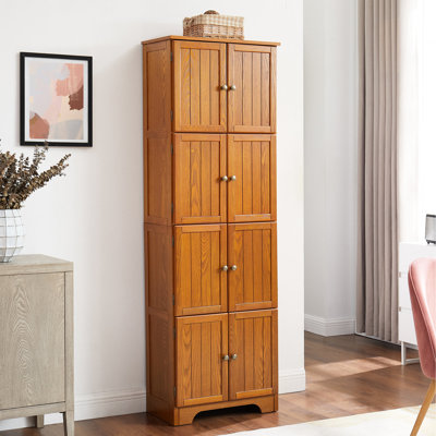 Oak 72.4" Tall Cabinet With 8 Doors And 4 Shelves. For Different Places. Smooth Exterior, Build Storage Living Room, Kitchen, Dining, Office. Surface, Foundation