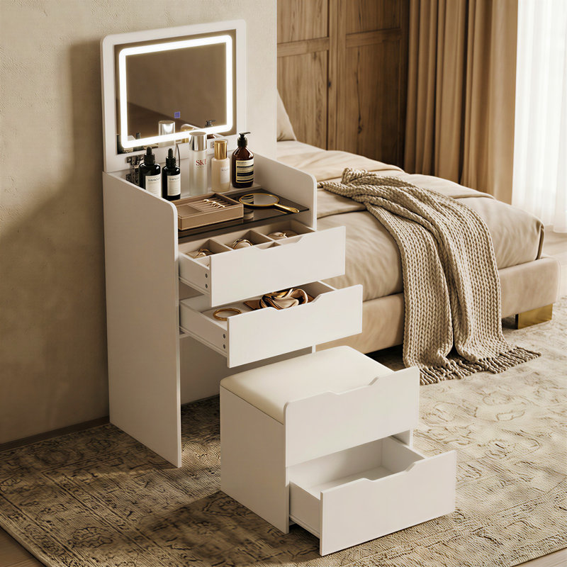Coiffeuse 3 en 1 avec miroir rabattable et banc confortable