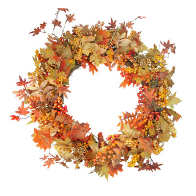 Juli Orange Berries and Leaves Twig Artificial Wreath - 32-Inch Unlit
