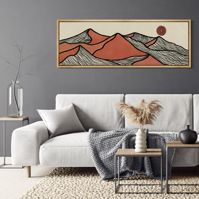 Soleil et lune stylisés, montagnes, paysage, soleil rouge, H 20 po x l 60 po, Naturel