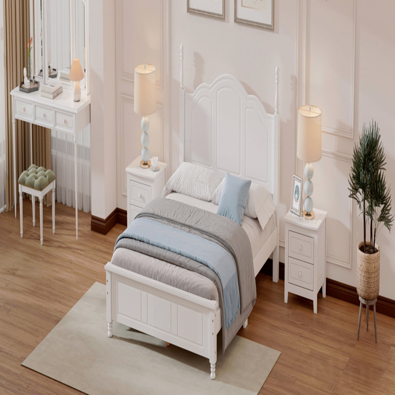 Cadre de lit double en bois pleine grandeur, cadre de lit plateforme de style rétro avec support en lattes de bois, avec finition blanche