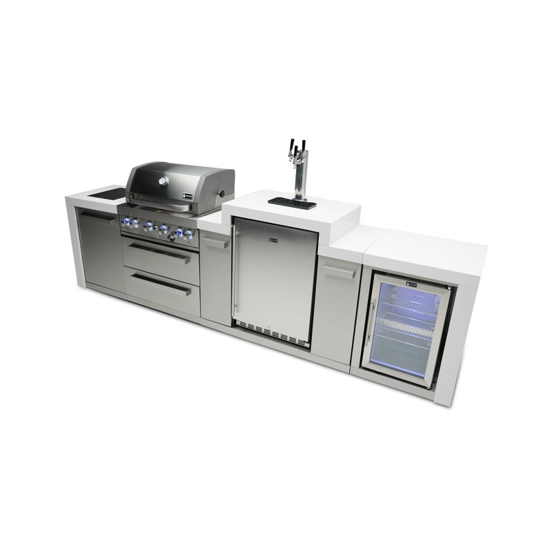 Mont Alpi 130"w Stainless Steel Deluxe Modular Outdoor Kitchen Island With Refrigerator + 3 Tap Kegerator Beer Dispenser + 32"w 4-burner Bbq Grill + Side Burner + White Granite Countertops + Storage + Cover + Natural Gas Convertible + Lifetime Warranty