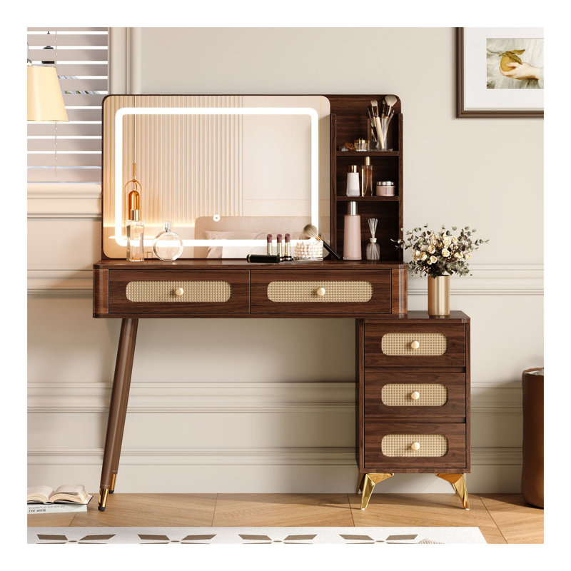 Coiffeuse de 47 po avec miroir et lumières, bureau de maquillage avec 5 tiroirs et tablette de rangement, conception de tiroir en rotin, 3 modes de couleur et coiffeuse à luminosité réglable