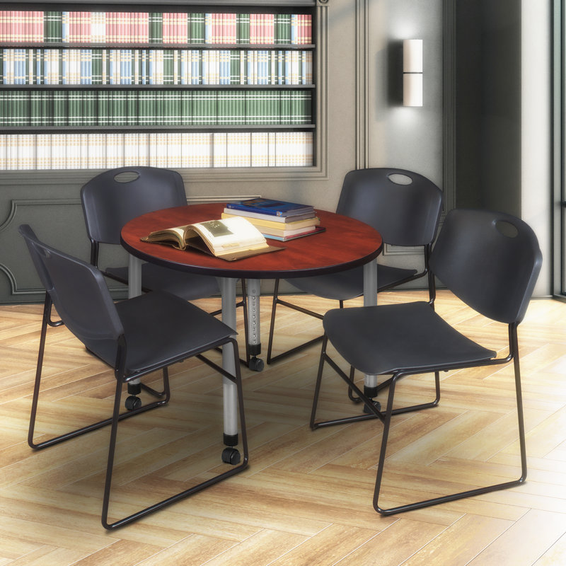 Kee Mobile 90" L Breakroom Table and Chair Set, Black|Cherry|Grey
