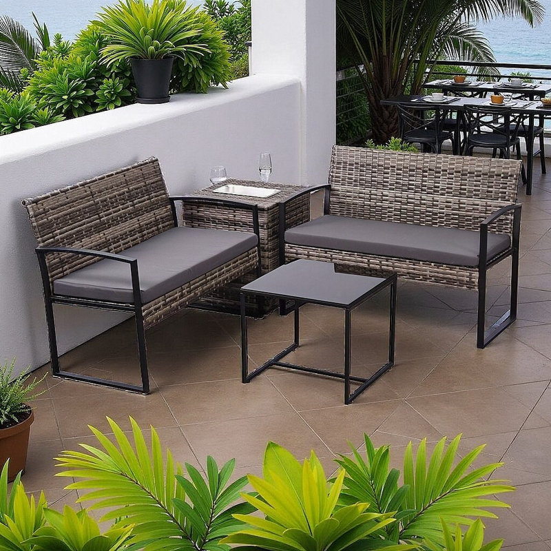 Ensemble de canapé modulaire d'extérieur 4 pièces de qualité supérieure - Osier en polyéthylène toutes saisons avec coussins lavables et seau à glace intégré