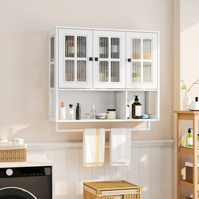 Armoire murale de salle de bain, armoire murale en bois 3 portes avec tablette ouverte et porte vitrée