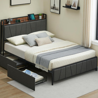 Full Upholstered Bed Frame with Storage Drawers & Charging Station, Velvet Fabric Platform, Light Grey