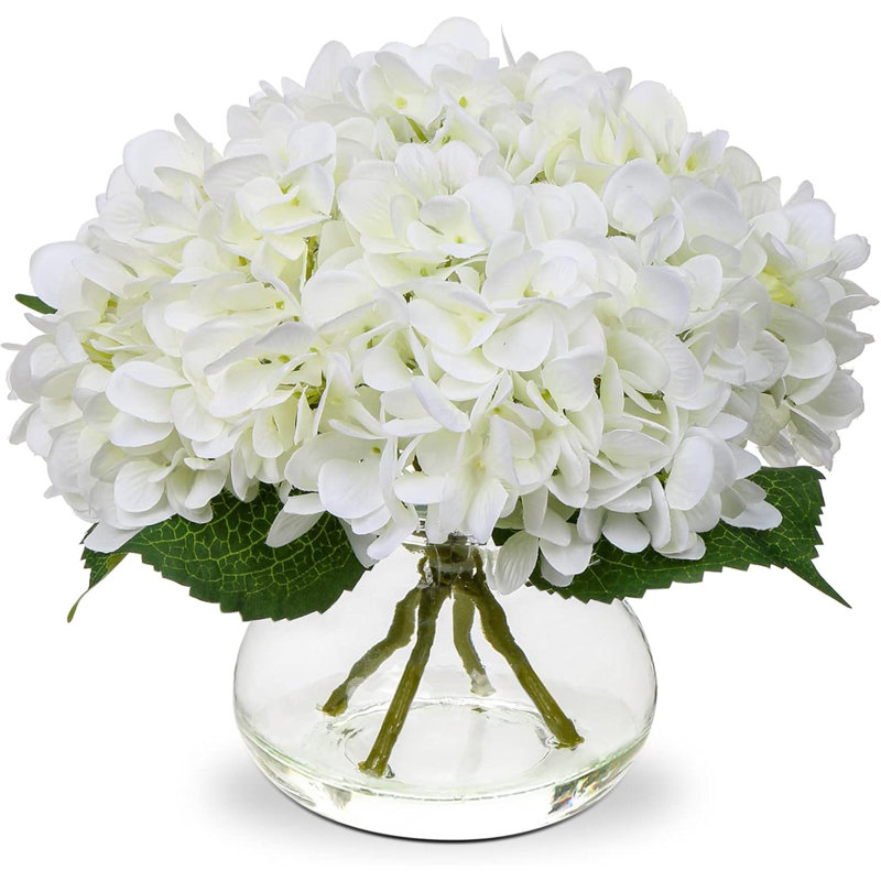Hydrangées fleurs artificielles avec vase Arrangement de fausses fleurs en soie dans un vase en verre avec de l'eau artificielle pour la salle de bain