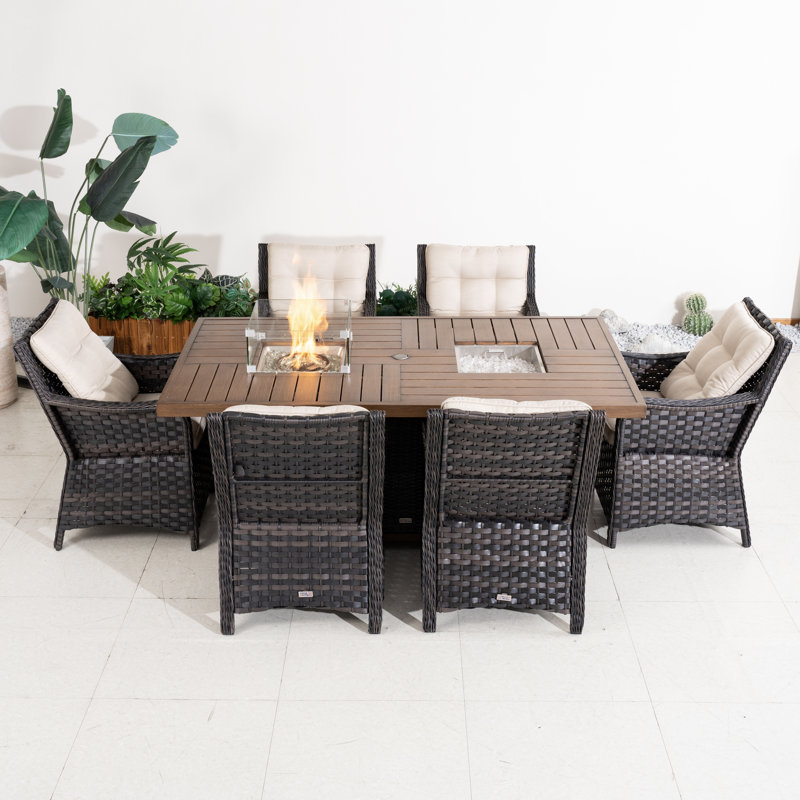 Ensemble repas pour 6 personnes en osier avec table rectangulaire, coussins inclus