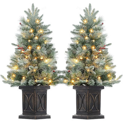 Sapin de Noël de 90 cm (3 pieds) pré-illuminé et recouvert de neige floquée, avec pot de fleurs