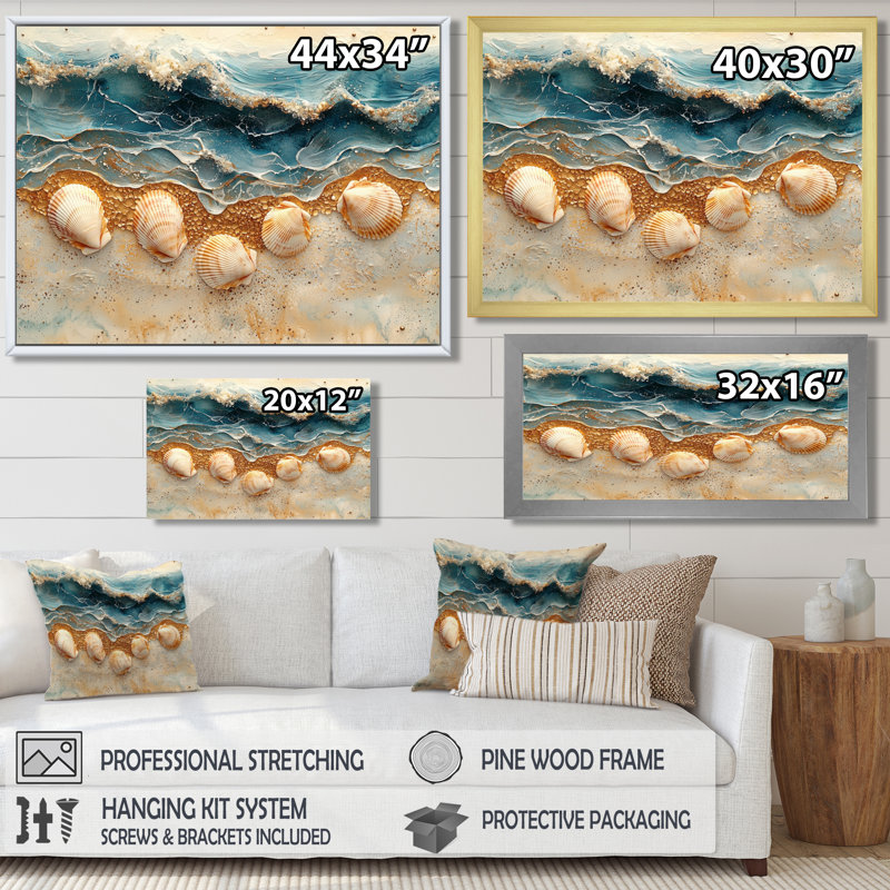 Coquillage et plage marbrée paysage III - art mural bord de mer, H 28 po x l 60 po, Cadre flottant, Doré