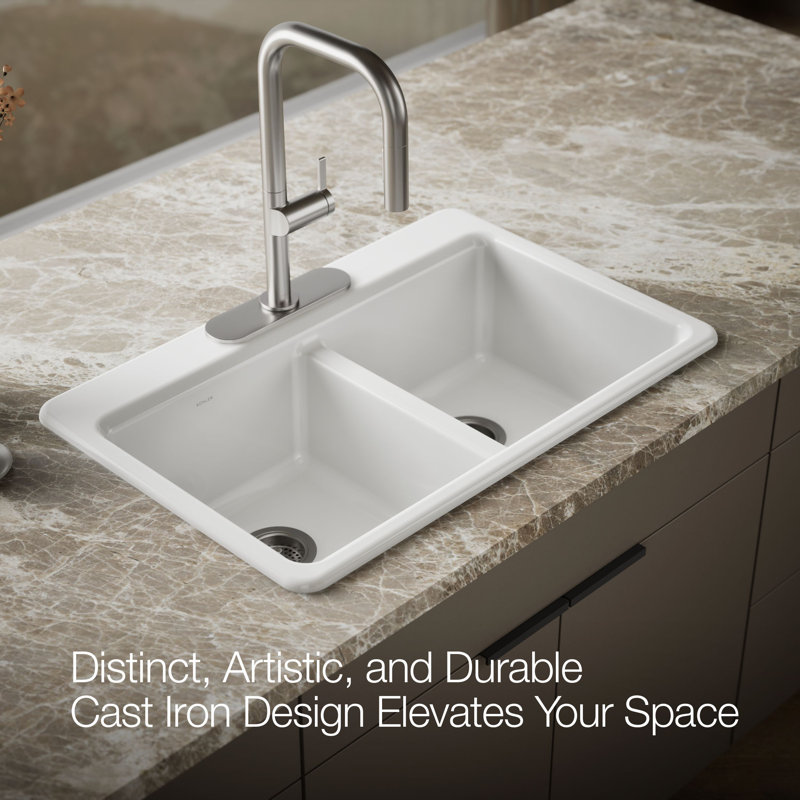 Riverby 33 In. Top-Mount Double-Bowl Kitchen Sink, White, 3 hole, Double-equal bowls