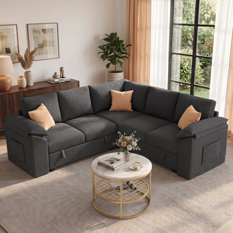 85.4" Sleeper Sectional Sofa with Pull-Out Bed, L-Shaped Couch with Storage Chaise for Living Room, Apartment, Gray